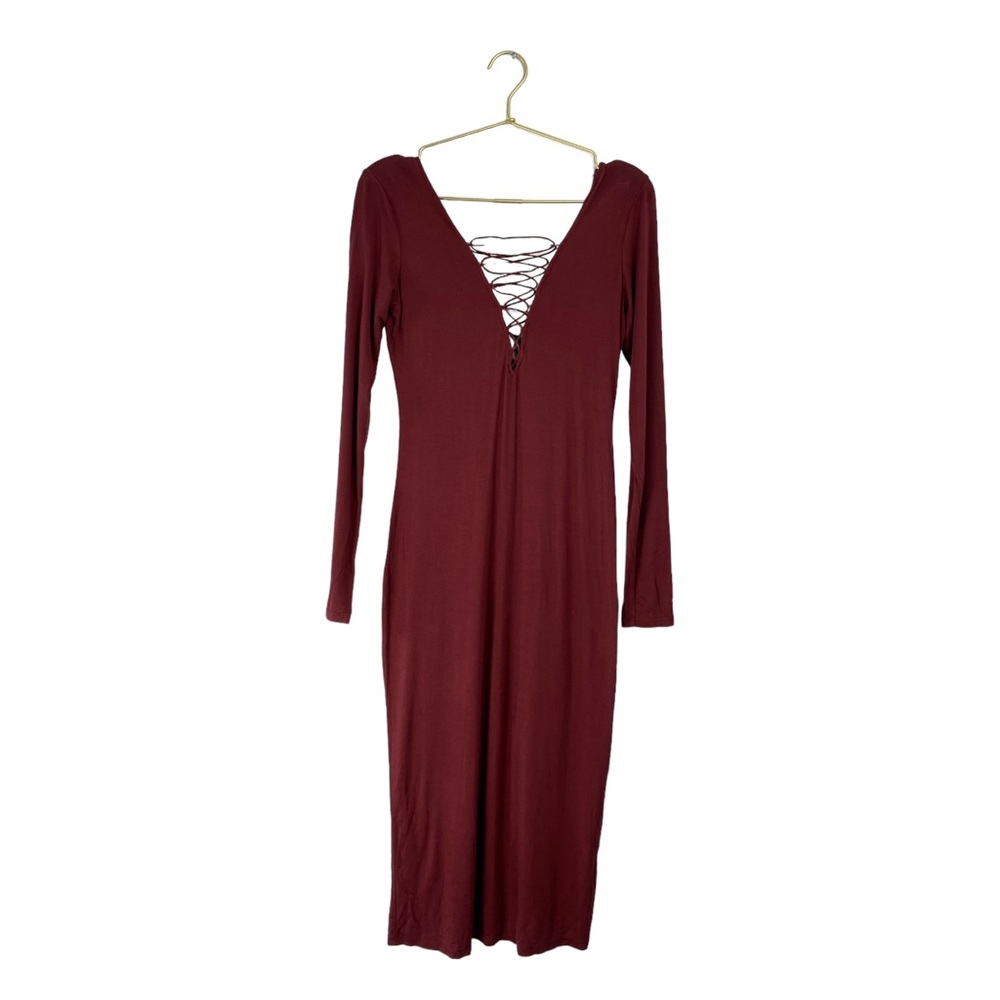 Forever 21 Burgundy Lace-Up Sexy  V Neck Long‎ Sleeve Bodycon 219 Midi Dress